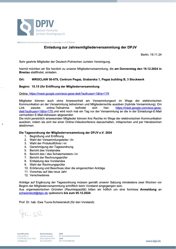 Einladung zur Jahresmitgliederversammlung der DPJV
