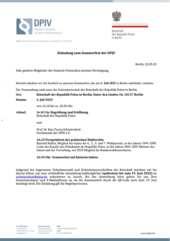 Einladung zum Sommerfest der DPJV